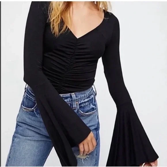 We The Free Black Ruched Bell Sleeve Top - Picture 1 of 8